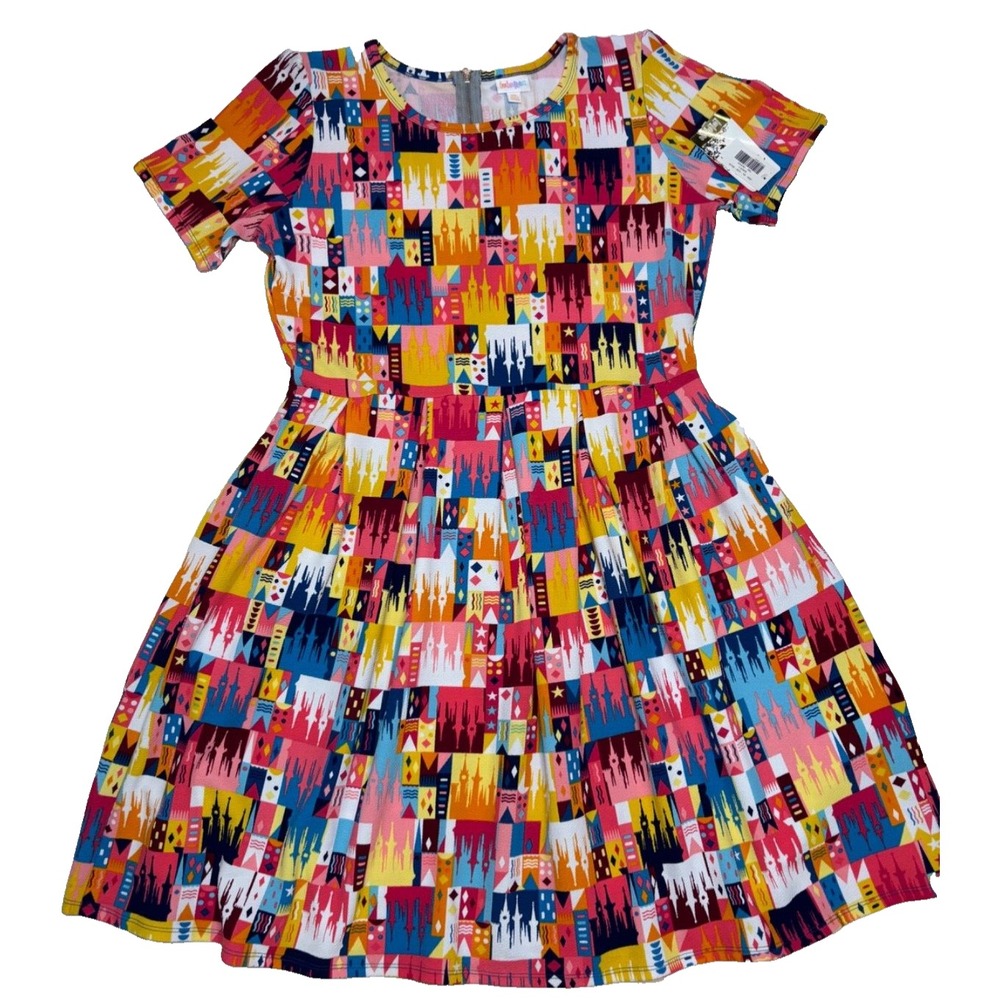 LuLaRoe Womens Dress Size 3XL Amelia Pink Disney Castles Rainbow Princess 3X NWT
